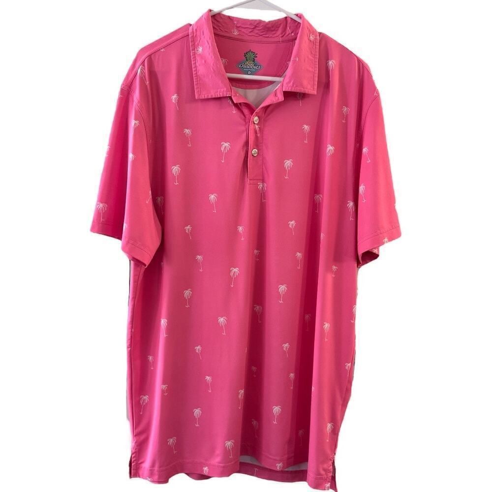 Chubbies Palm Tree Printed Pink Performance Men’s Polo Large Lightweight Summer